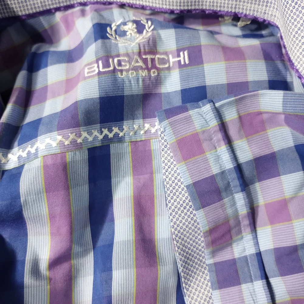 XL EUC Short Sleeve Bugatchi Uomo Purple Blue Plaid Shirt Luxury Preppy Summer - Picture 1 of 5